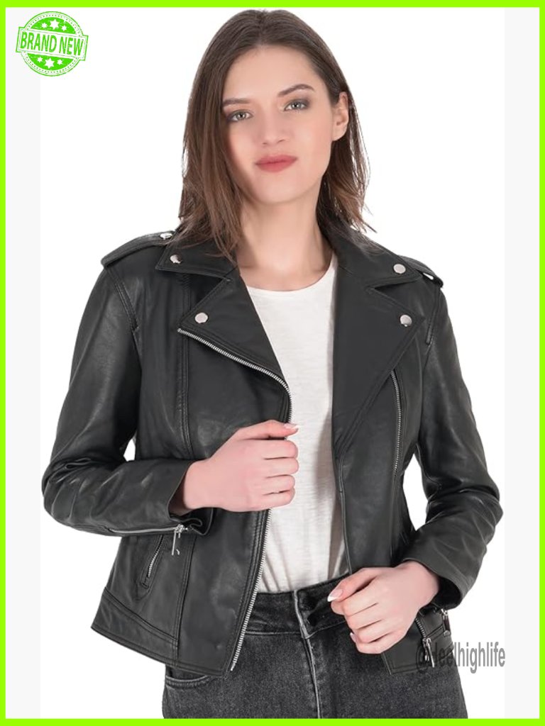 Real Leather Moto Biker Jacket Women's Long Sleeve Button Closure